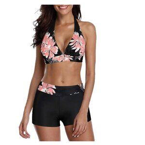 NEW Halter Bikini with Boyshorts Sporty Swimsuit Pink Hawaiian Floral Women's S